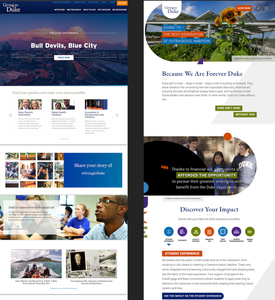 Screenshots of before and after screenshots of Giving to Duke website