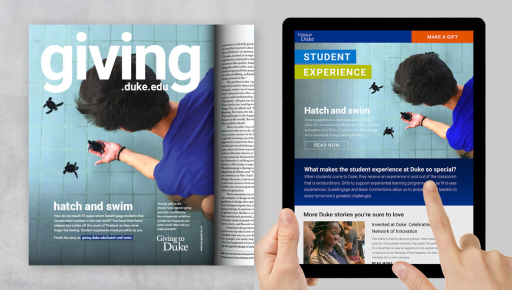 Magazine and tablet showing Giving to Duke advertising with a man holding a turtle